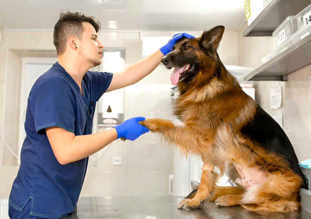 A veterinarian examines a German Shepherd, monitoring its health and growth for early signs of potential issues.