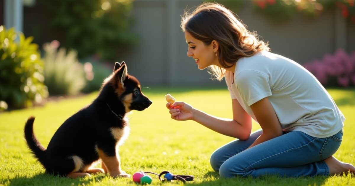 A woman feeds her dog, emphasizing the importance of proper training for German Shepherd puppies.