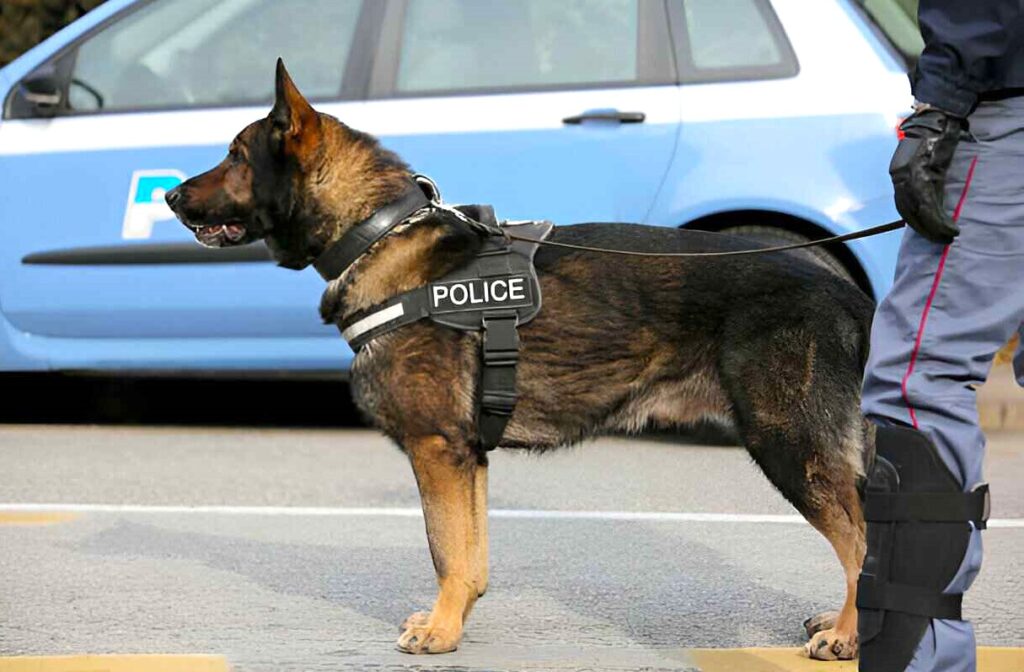 A sable German Shepherd police dog stands proudly beside a police car, showcasing its vital role in law enforcement.